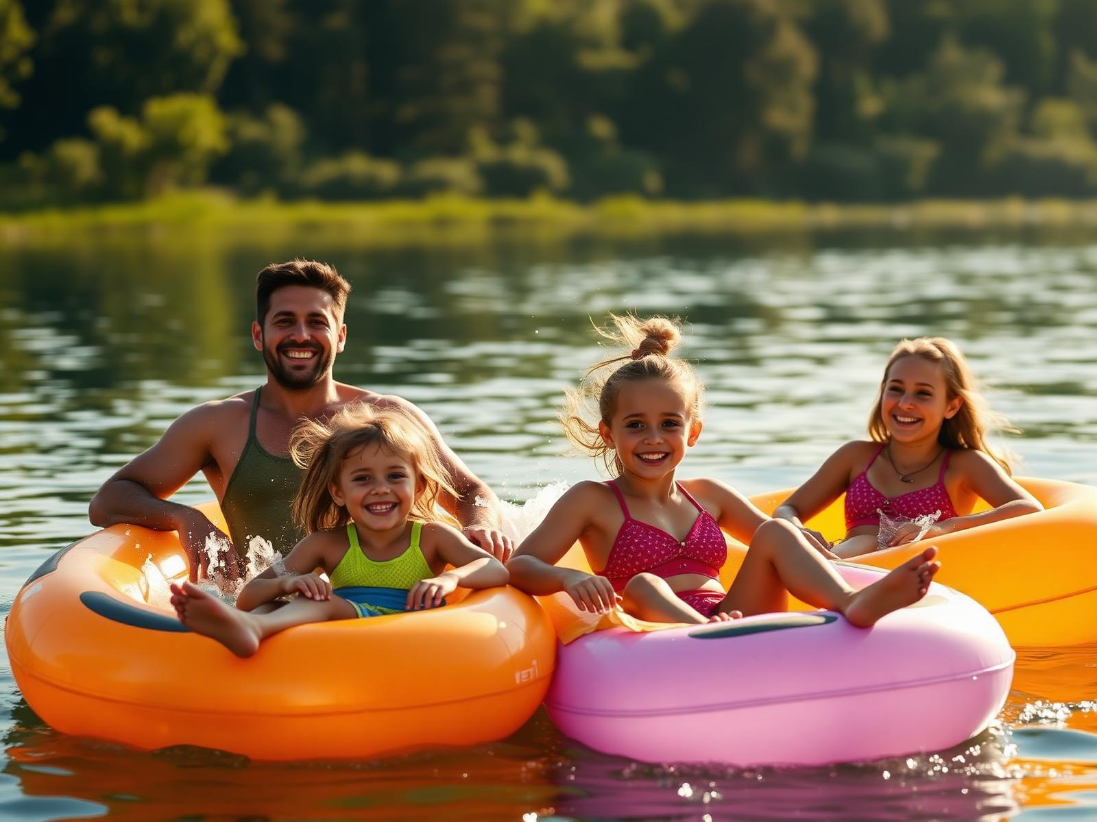 Family enjoying a lake day on Float Wars floats