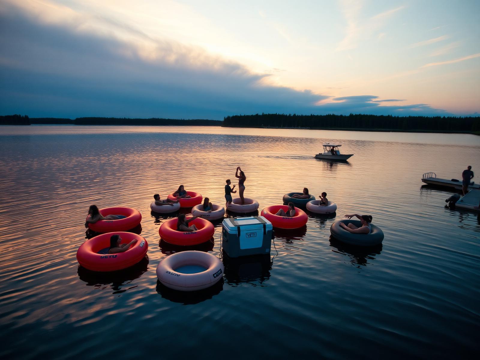 Lake party at sunset with connected Float Wars floats