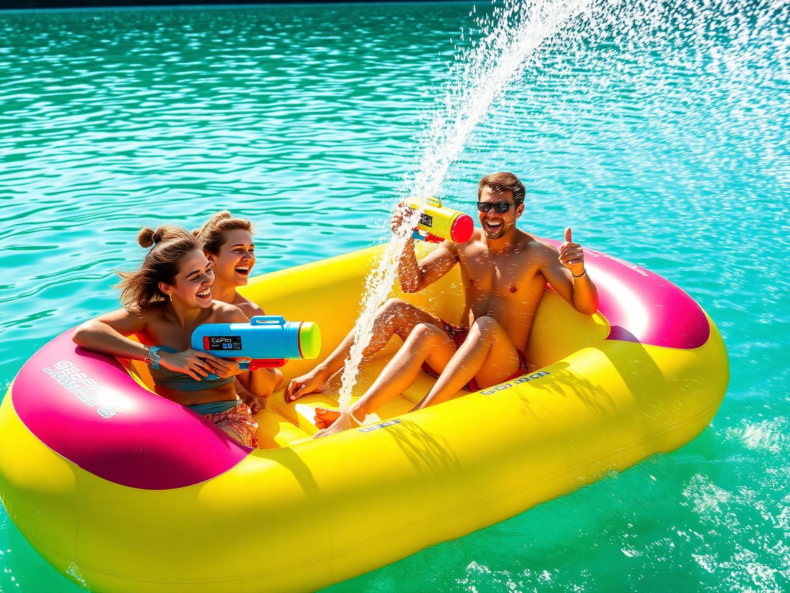 Friends water blasting each other on a lake float